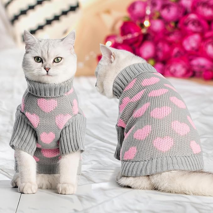 KOOLTAIL Cat Sweater - Valentine's Day Outfit with Hear Love Pattern Cold Weather Soft Warm Knit Turtleneck Clothes for Cats Kitten Small Dogs Puppy Greay L