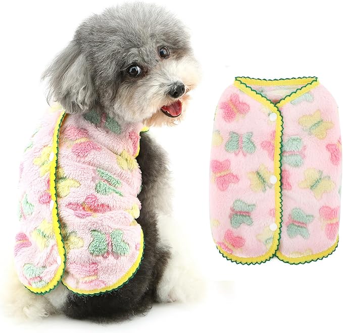 Cute Jacquard Butterflies Pet Fleece Vest for Small Dog Puppy Sleeveless Sweater Back Button Down Yorkie Chihuahua Fall Winter Clothes Cat Clothing,Pink,L