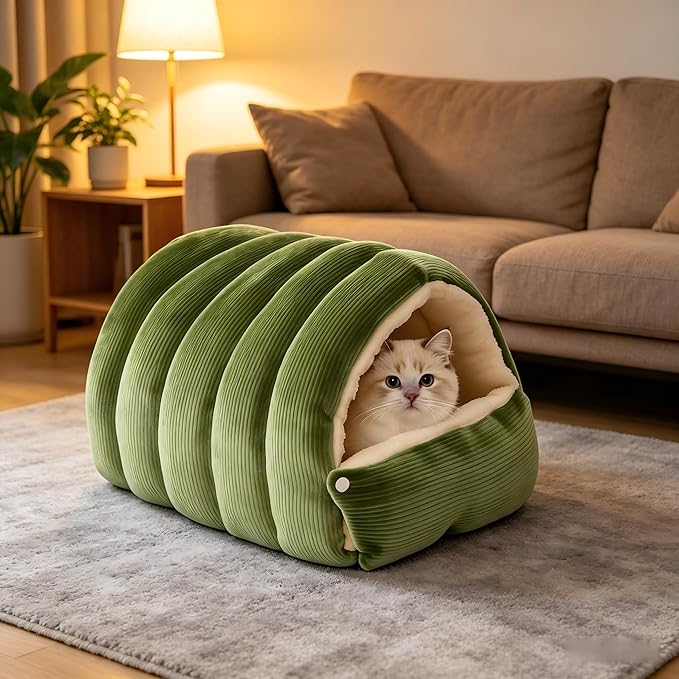 Cat Cave Bed with Hood - Indoor Cat Bed for Cats, Soft Cat Sleeping Bag, Pet Cave for Cats, Detachable Design (Green, 22 inch)