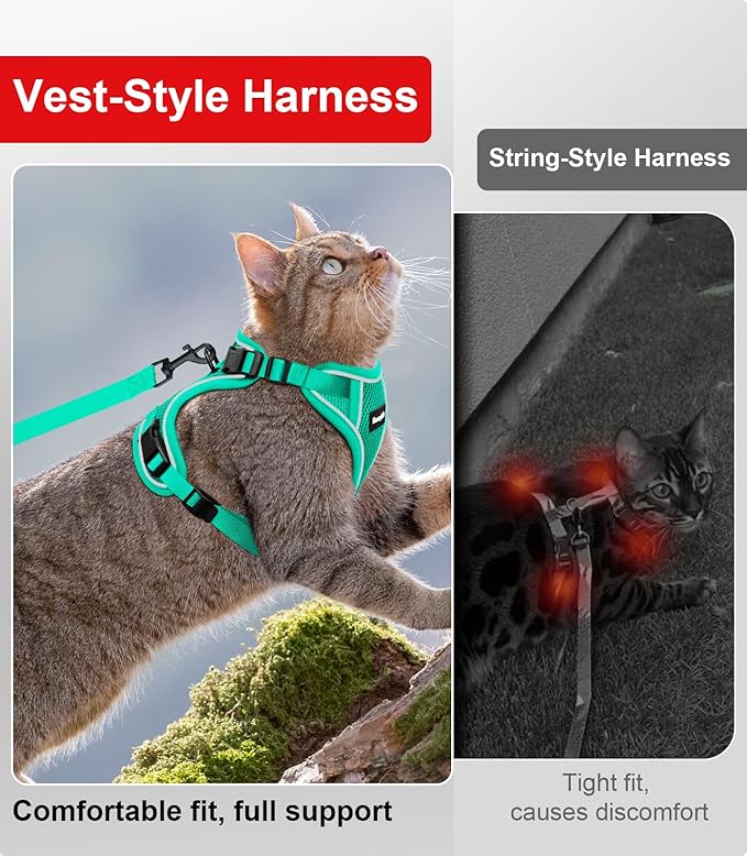 Cat Harness and Leash for Walking Escape Proof Soft Adjustable Cat Leash Breathable Comfortable Vest Easy to Wear Kitten Harness for Outdoor Travel (Emerald, M (13-18lb))