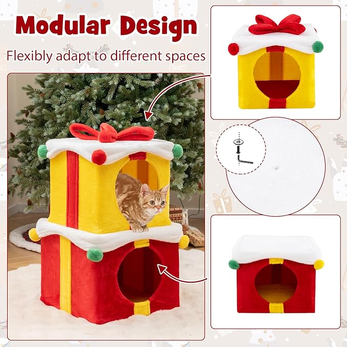 Tangkula Gift Box-Shaped Cat House, Christmas 2-Story Cat Condos, Stackable & Free Combination Kitten Tower, Soft Plush Covered Hideaway Cat Beds Caves for Indoor Kittens