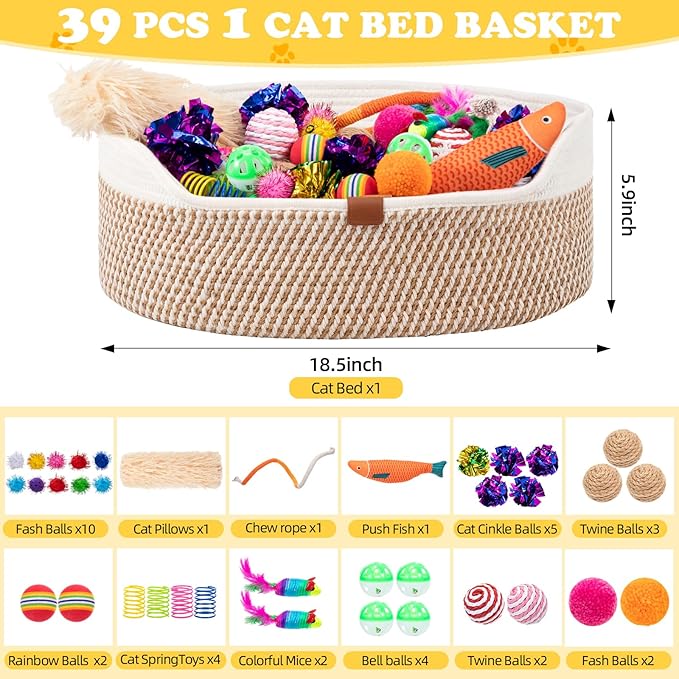 Leitee Sunmmer Cat Bed Storage Basket with 40 Pcs Cat Variety Toys Pack Set Includes Pillows, Spring Toy, Fish, Chew Rope and Balls for Kitten Kitty Swat Hunt Interactive Pet(White,Yellow)