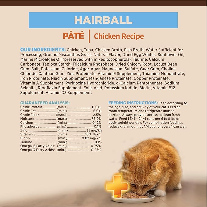 Wellness CORE+ Hairball Pate Adult Canned Wet Cat Food, Natural, Protein Rich, Grain Free, Chicken Recipe, 2.8 oz, Pack of 12 Cans