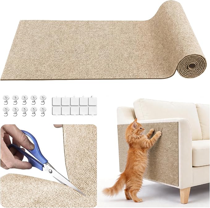 Cat Scratch Furniture Protector, 39.7"x15.7" Trimmable Self-Adhesive Cat Scratching Mat, Corner Couch Protector from Cat Claws, DIY Anti-Scratch Pad Rug for Sofa, Wall, Floor & Door, Beige