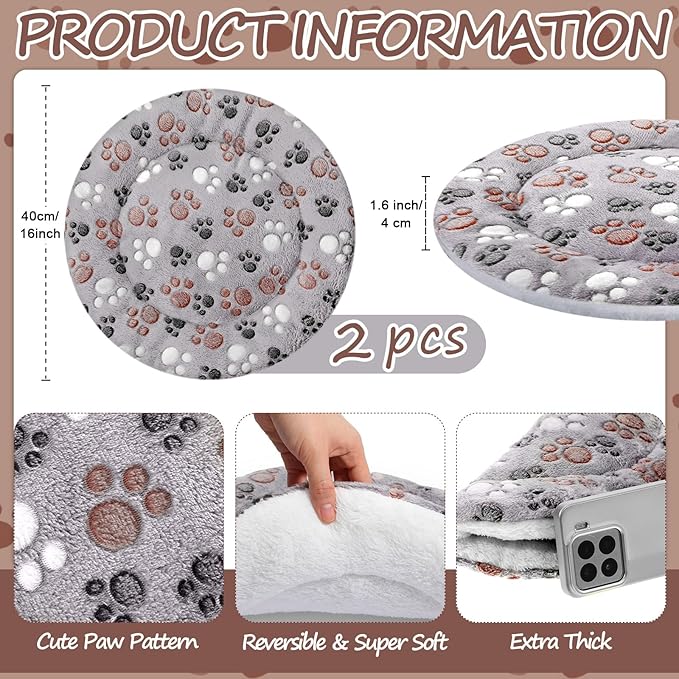 VitalCozy 2 Pack Self Heating Cat Pad Self Heating Cat Bed Machine Washable Heat Pet Mat Reversible Body Thermal Warm Round Dog Bed Crate Blanket for Feral and Indoor Cats(16'',Dog Paw)