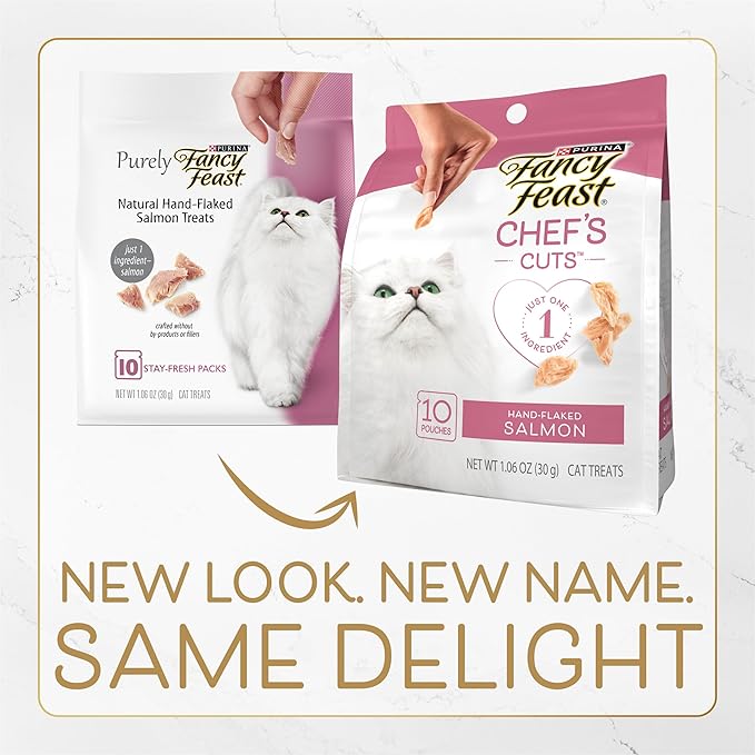 Purina Fancy Feast Purely Hand-Flaked Salmon Cat Treats, Real Fish, Tender Texture, 10 Count Pouch