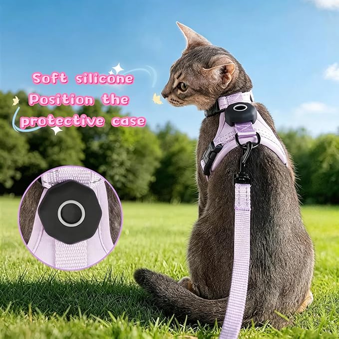 Cat Harness and Leash Set with AirTag Holder, Reflective,Soft Adjustable Kitten Harnesses for Small Medium Large Cats, XS-S (Rose Pink, S：8.8-17.6lbs)