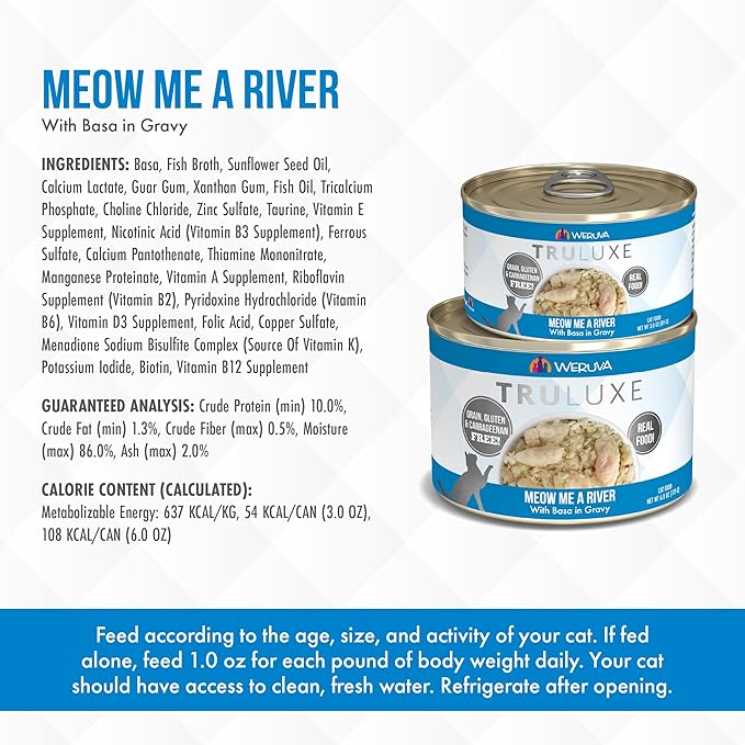 Weruva Truluxe Cat Food, Meow Me A River with Basa in Gravy, 3oz Can, Pack of 24