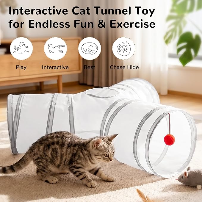 Tempcore Cat Tunnel for Indoor Cats, 3-Way Collapsible Play Tunnel with Teaser Wand, Peek Holes & Toy Ball, Small Pet Toy for Kittens & Rabbits, White & Light Grey
