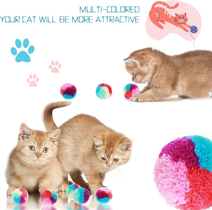 Amaxiu 1.2 in Colorful Cat Pom Pom Ball Toys, 20 Pcs Rainbow Cat Toy Balls Soft Plush Cat Ball Interactive Training Ball for Indoor Cats & Kittens