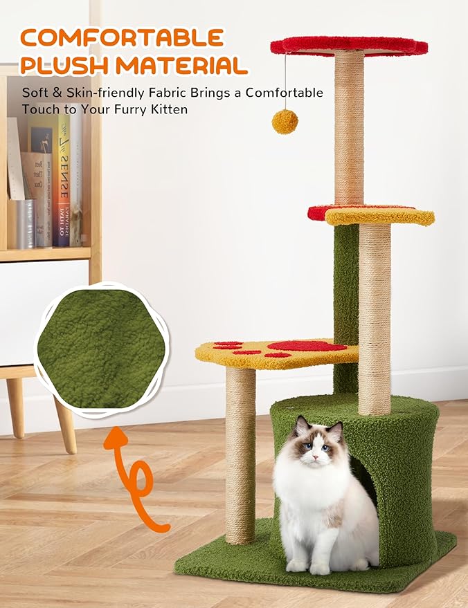 37in Cute Cat Tree, Flower Cat Tower for Indoor Cats with 3 Sisal Covered Scratching Posts, Cozy Tower Condo, Large Padded Top Perch Green Fun Cat Tree Kitty Condo Cat Furniture for Indoor Cats