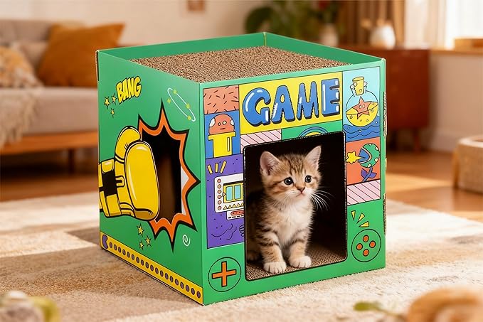 Cardboard Cat House,Scrathing Bed for Cats,Eco-Friendly Pet Furniture,Modern Cat Bed,Hiding Box (Yellow, Large)