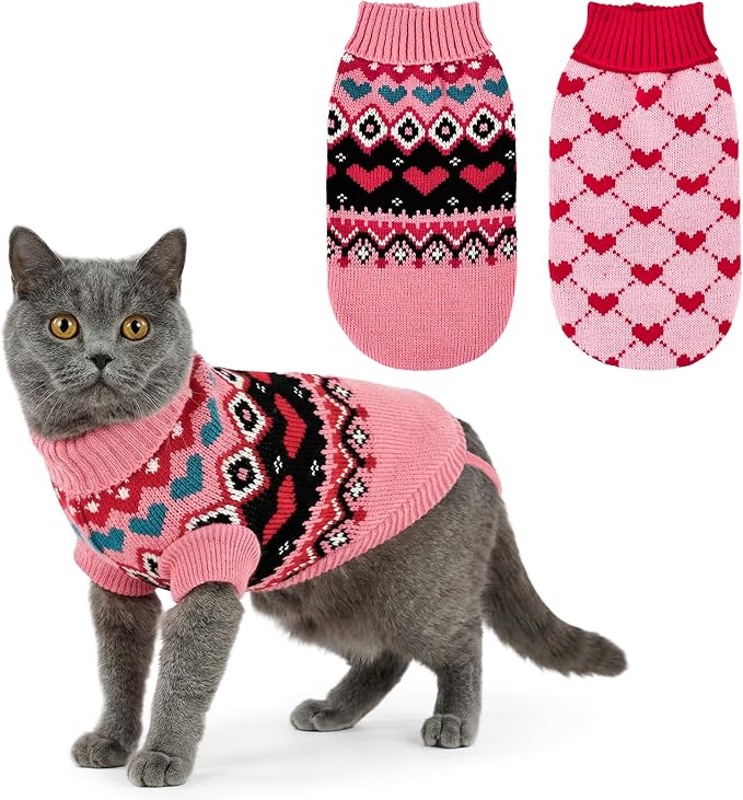 2PCS Valentine’s Day Cat Sweaters Heart-to-Heart Pattern Knitted Clothes Love-Themed Pink Geometric Stripe Dog Knitwear Festival Puppy Outfits for Puppies Kittens XL