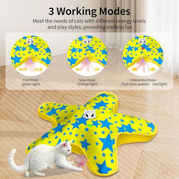 Rechargeable Interactive Cat Toys, Automatic Cat Toy for Indoor Cats, Durable Hide and Seek Cat Toy with Moving Concealed Feathers, Touch Activated Kitten Toys Cat Exercise Toys, Yellow Blue Cover
