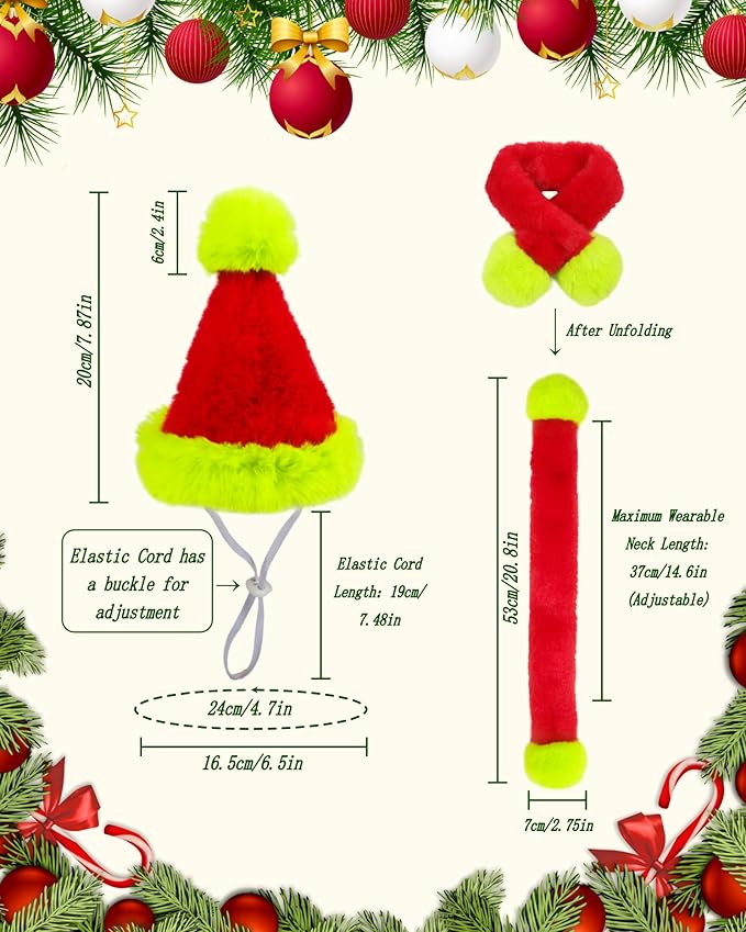 Dog Christmas Hat with Scarf, Cat Santa Hat Soft Plush Dogs Mini Santa Hats Small Dogs or Cats Pet Costumes Goose Cat Christmas Outfit(Green Red, Medium)