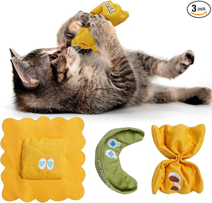 Pawsible 3 Pack Ravioli Catnip Toys for Indoor Cats, Interactive Cat Toys Filled with 100% Organic Catnip, Plush Chew Toys for Kittens, Teething Soft Catnip Toys for Cats