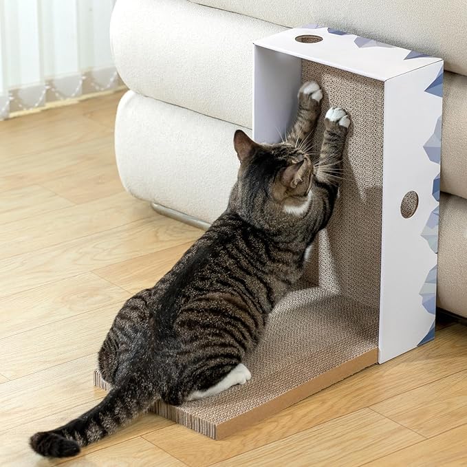 Conlun Cat Scratcher Box with Heavy-Duty Double-Sided Cardboard Pad, Cardboard Lounger, Cat Bed for Indoor Cats, Interactive Hole Design, Large - 5 Pack, White