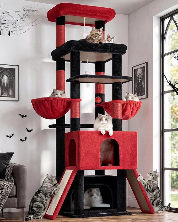 Globlazer Heavy Duty Cat Tree 78 inch Sturdy Gothic Cat Tower for 20lbs Large Adult Cats, Symmetrical Aesthetic Big Goth Cat Tree with Extra Large Platform, 2 Scratching Boards, Z78, Black Red
