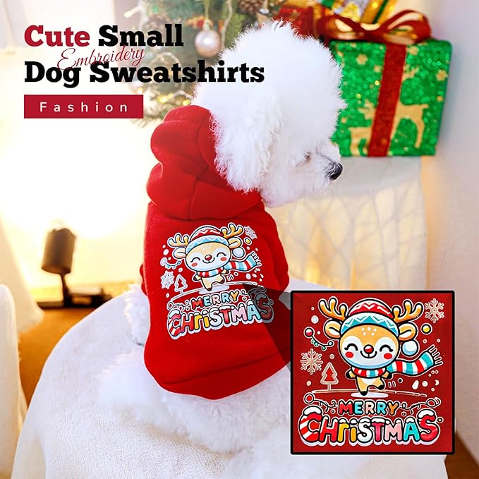 ABRRLO Small Dog Hoodie Clothes Red Christmas Dog Outfit Warm Fleece Dogs Sweater for Small Dogs Cat Boy Girl Cute Puppy Sweatshirt with Leash Hole Xmas Doggy Costume Chihuahua Yorkie(Xmas Deer,M)