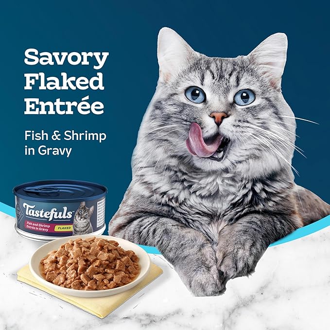Blue Buffalo Tastefuls Flaked Wet Cat Food, Made with Natural Ingredients, Fish and Shrimp Entrée in Gravy, 5.5-oz Cans (24 Count)