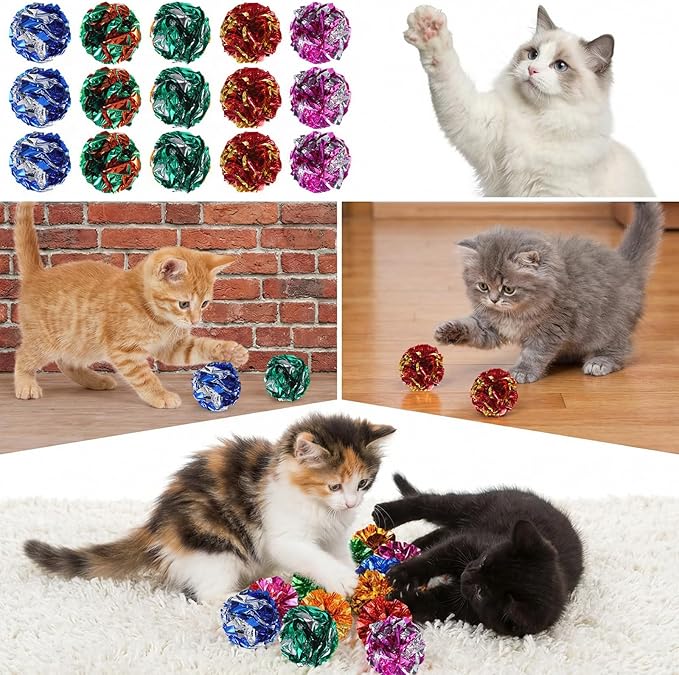 30 PCS Cat Crinkle Balls, Crinkle Cats Toy, 2.36" Interactive Crinkle-Ball, Colorful Cats Toy, Colorful Chew and Training Activity Cat Toys for Indoor