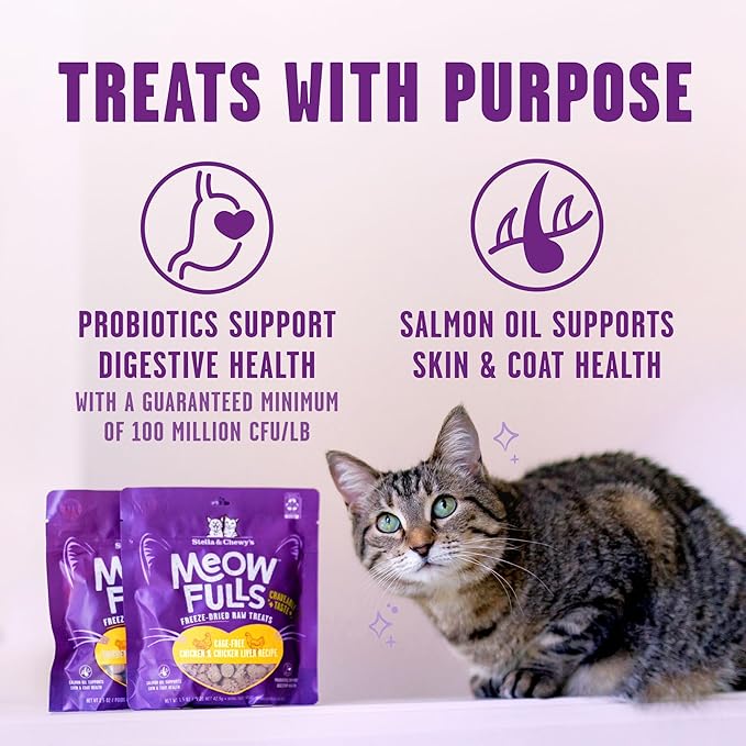 Bundle of Stella & Chewy's Meowfulls Freeze Dried Cat Treats Chicken & Chicken Liver RecipeTurkey & Duck Recipe, Whitefish & Salmon Recipe, 1.5 oz Bag