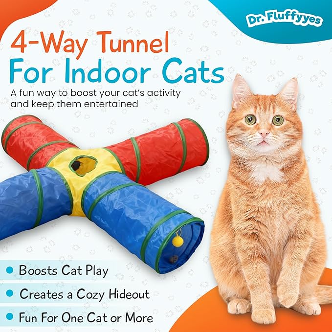 Cat Toys - 4-Way Tunnel for Indoor Cats with Peek Hole & 2 Mice - Large Foldable Rainbow Tube with Hanging Ball for Kittens, Rabbits, Small Dogs - Ideal Cat Toy