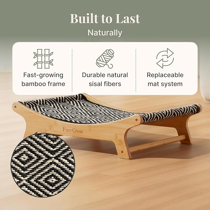 XL Sisal Cat Scratcher Bed with Elevated Hammock for Indoor Cats, Replaceable Natural Sisal Pad, Large Cat Lounge, Anti-Slip No-Wobble Bamboo Frame, Black & White Diamond.