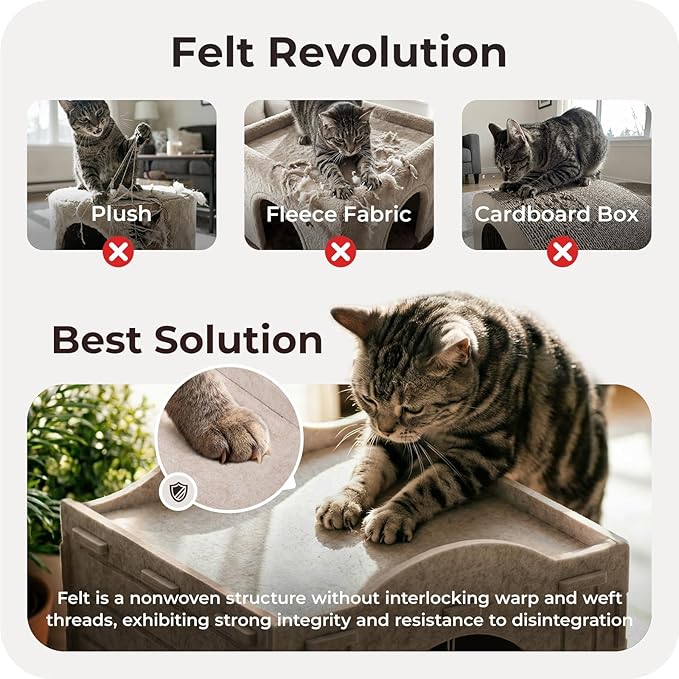 Cat Bed Cave for Indoor Cats: New Felt Cat Bed with Fluffy Ball, Foldable Cat House with Scratch-Resistant Board, Hideaway Cat Cave for Timid Cats, Sturdy Two-Tier Cat Condo & Cat Houses