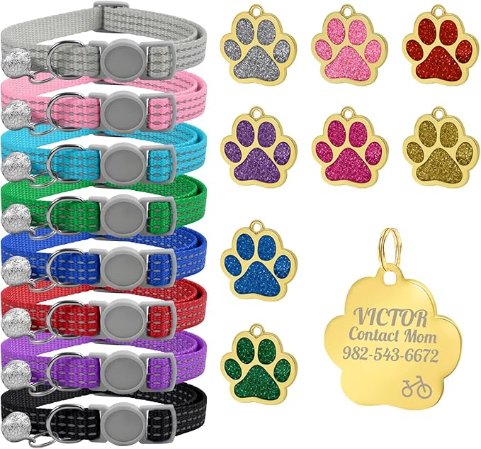 CAMAL Reflective Cat Collar with Name Tag, Personalized Cat Collar Breakaway with Bell, Customized Cat Collar Adjustable for Girls & Boys