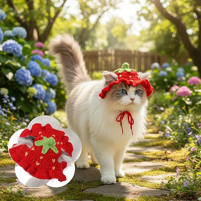 Strawberry Cat Hat Soft Polyester Cartoon Design Knit Cute Dog Hat Rabbit Hats Halloween Christmas Party Costume Head Wear Accessories for Puppy Cat Kitten Small Dogs Small Animals Pets Red (M)