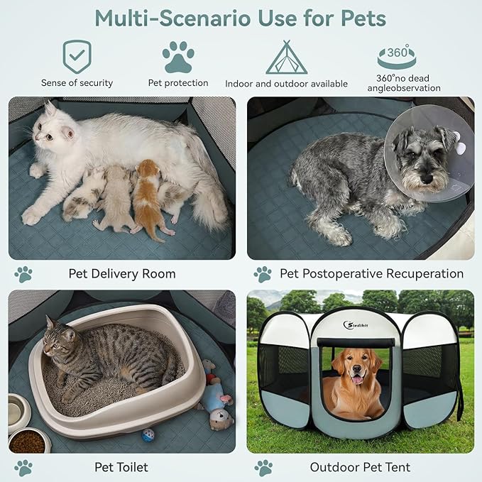 Siedihit Puppy Playpen for Large Dog Cat, Dogs Tent Crate Cage Indoor/Outdoor, Portable Pop Up Dog Kennel with Carrying Bag for Rabbits, Removable Top (Grey with Pad, Large)