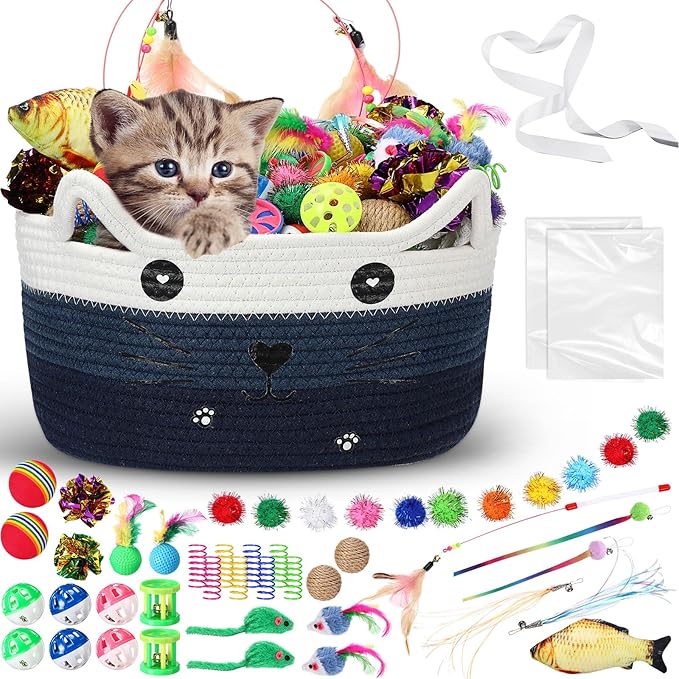 Zopeal 76 Pcs Graduation Cat Storage Basket Gift Toys Set Interactive Cat Toys Kitten Wand Colorful Flashing Balls Pet Crinkle Balls Attract Kitten to Swat, Hunt for Pet Indoor(Blue)