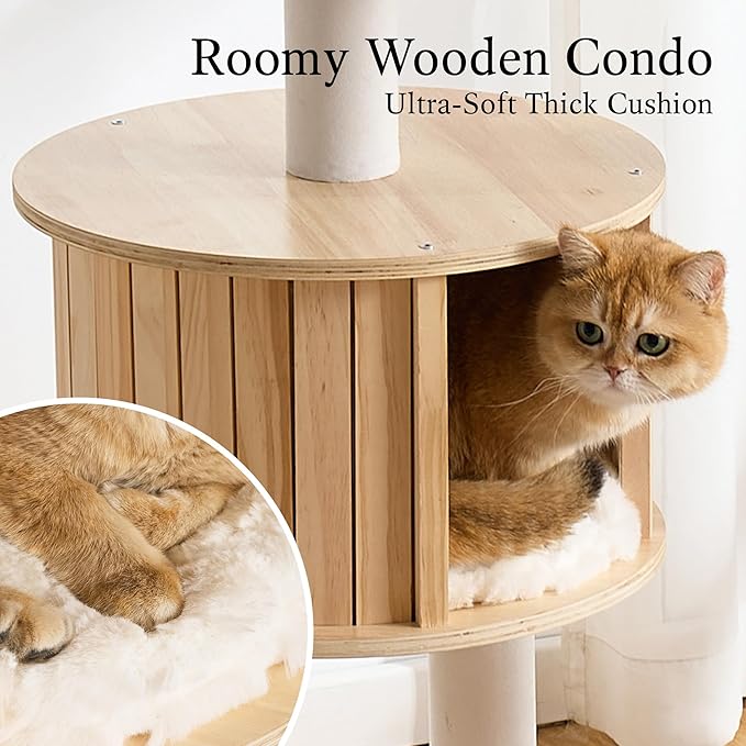 797Audio Wood Modern Cat Tree, 65" Cat Tower with Sisal Scratching Posts, Cat Condo, Capsule and Bed, Solid Wooden Aesthetic Multi-Level Cat Climbing Tree for Large Adult Indoor Maine Coon Cats-White