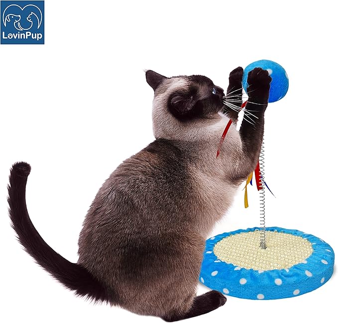 Small Cat Scratcher Toy Tree with Ball – Indoor Scratching Cat Toys with Colorful Ribbons + Durable Base – Stable & Compact 9.75-Inch Interactive Kitten Toys for Active & Entertained Kittens