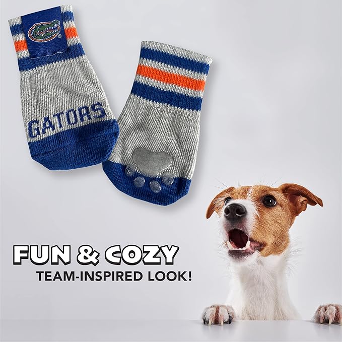 NCAA Florida Gators Anti Slip Dog Socks with Elastic Ribbed Top, Size X-Small/Small. Indoor/Outdoor Socks, Best Dog Paw Protector, 2 Pairs of Pet Socks with Your Favorite Collegiate Sports Team