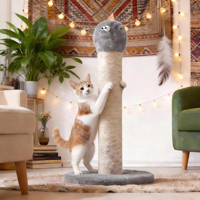 Cat Scratching Post 22'', Scratching Post with Extra Wide 12" Heavy Duty Base for Indoor Kitty, Scratching Post with Natural Sisal & Velvet Fabric for Small, Medium Cat, Grey