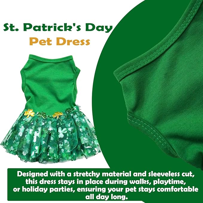 St. Patrick's Day Pet Dress Tutu, Dog Tulle Skirt for Small Dog Girls Green Puppy Dress Cat Apparel Pet Irish Holiday Outfits (Green, Large)