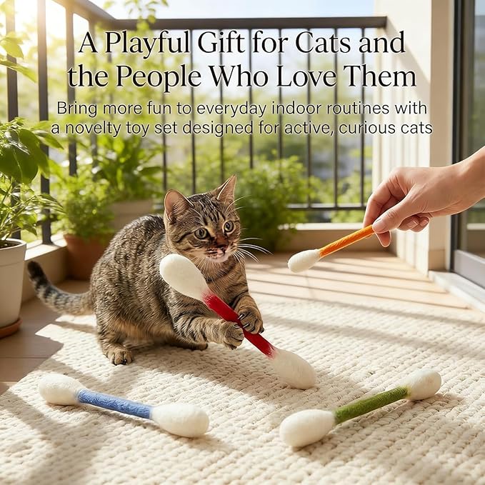 Cotton Swabs Cat with Catnip, 6 Pk Giant Kitten Chew Sticks for Indoor Boredom, Durable Dental Teething Ropes, Big Interactive Felt Kitty Kicker Play Lover Gift Accessories (Yellow)