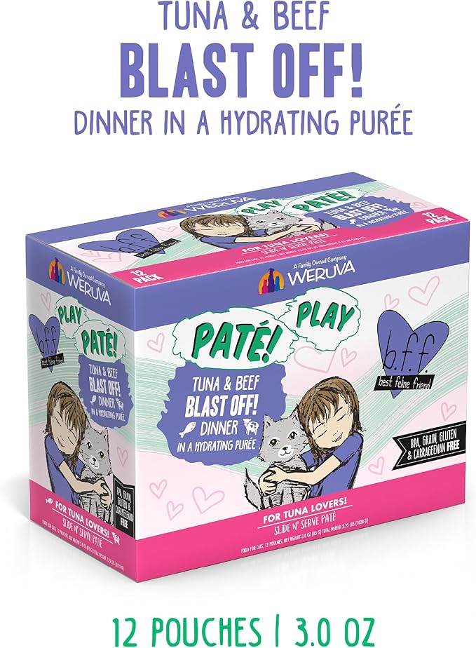 Weruva B.F.F. Play - Best Feline Friend Paté Lovers, Aw Yeah!, Tuna & Beef Blast Off! with Tuna & Beef, 3oz Pouch (Pack of 12)