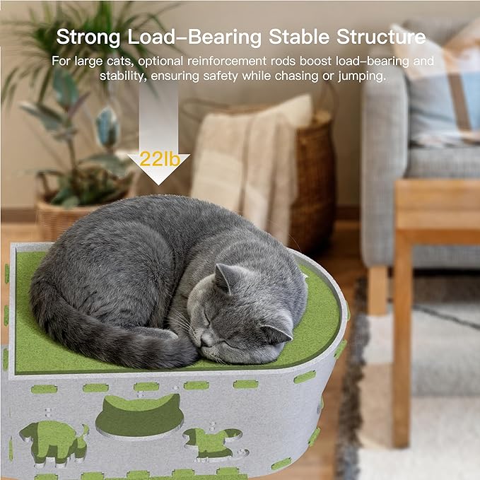 3-in-1 Large Cat House & Cat Tunnel for Indoor Cats - Foldable Felt Cat Cave Bed with Scratching Surface, Washable Mat & Toys - Sturdy Interactive Pet Condo Hideaway for Kittens & Small Dogs