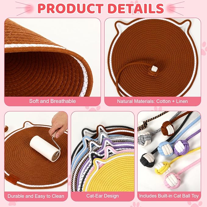 9 Pcs 16.9 Inch Cat Scratcher Mat Bulk Large Natural Cotton Rope Cat Scratch Pad Colorful Round Scratching Pads with Toy Balls for Indoor Cats Furniture Protector for Wall Sofas Carpets