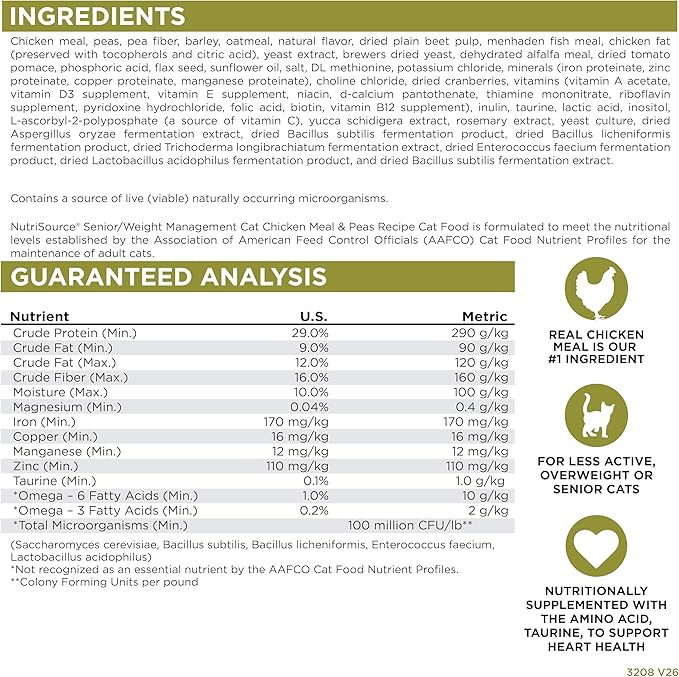 NutriSource Senior and Weight Management Cat Food, Chicken and Peas, 12LB