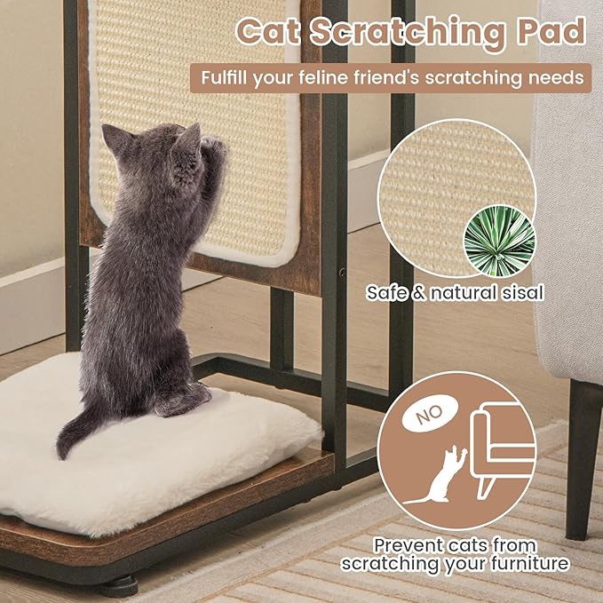 PETSITE Cat Tree and End Table, C-Shaped Small Cat Side Table with Scratching Pad, Removable Washable Cushion, and Jingling Hanging Ball, Modern Cat Furniture for Living Room Bedroom