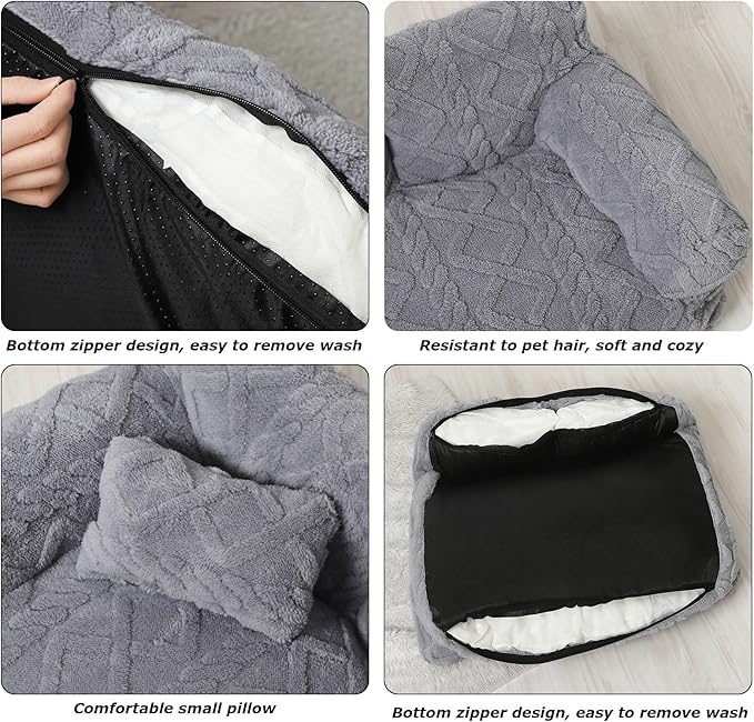 Plush Calming Pet Sofa Bed, Soft Cat Dog Couch with Removable Cover, Large Kennel Cat Sleeping Sofa Chair Furniture, Non-Slip Bottom for Supplies Cats Dogs(Beige,Large)