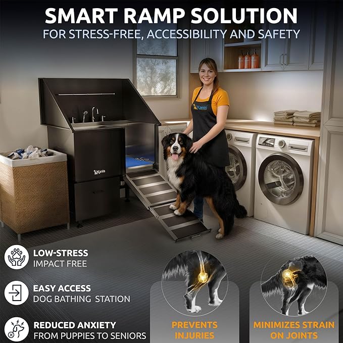 KANIS Professional Dog Washing Station 304 Stainless Steel Pet Wash Sink & Grooming Bathtub w/Shower, Floor Grates and Storage for Large, Medium & Small Pets (Black, 40 Inches, Right Ramp, 1 Drawer)