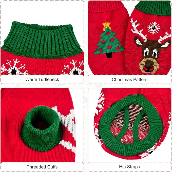 2PCS Puppy Christmas Sweater Cat Turtleneck Knitwear Xmas Elk Outfits Dog Christmas Tree Pattern Warm Clothes Sweater for Kitties Puppies S