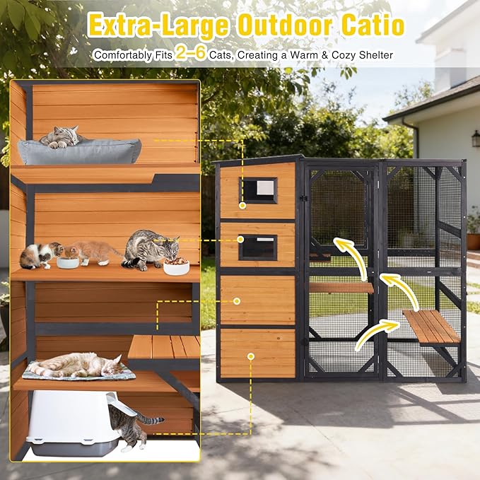Aivituvin Large Catio Cat Enclosure Window for Outdoor Cats, Weatherproof Cat House with Roof, Resting Platforms & Windows, Indestructible Feral Cat Shelter for Backyard - Black and Brown