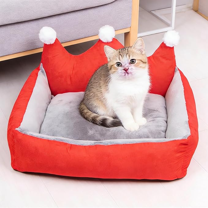 Cute Crown Pet Beds for Dogs Cat,Fashionable Luxurious Crown Cat Princess Beds Winter Warm Puppy Cat Sofa Bed Soft Upholstered Plush Sofa,Durable Washable Anti-Slip Dog Beds (Red, XS Below 1.5 kg)