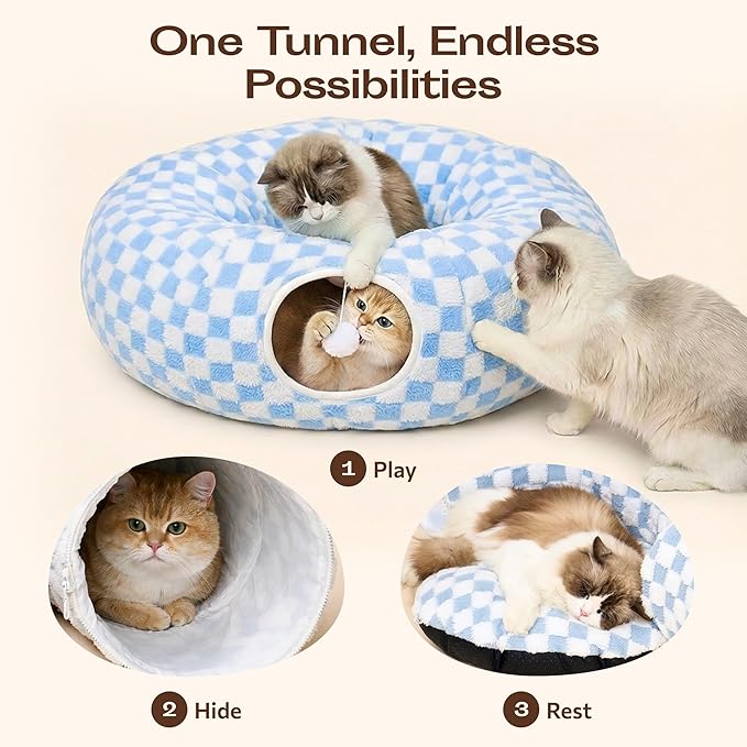 Meowfia Indoor Cat Tunnel with Donut Bed - Large Flexible Play Space for Multiple Pets - Circle or Snake Shape, Cozy Lounge (Azure Check)